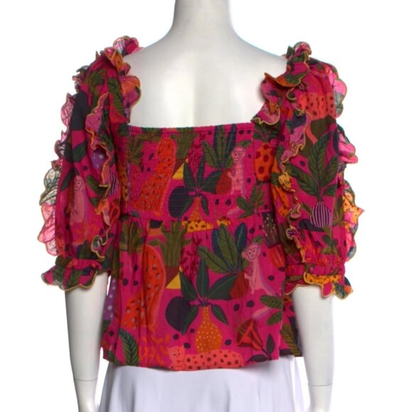NWOT Farm Rio Pop Leopards Short Puff Sleeves Ruffles Pink Blouse Size XS $160 - Picture 7 of 11